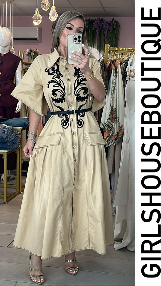 Look at Me Beige & Black Embroidery Maxi Dress