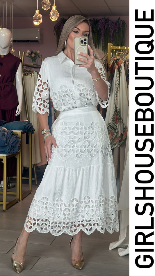 Fall in Love White Crochet Top & Skirt Set