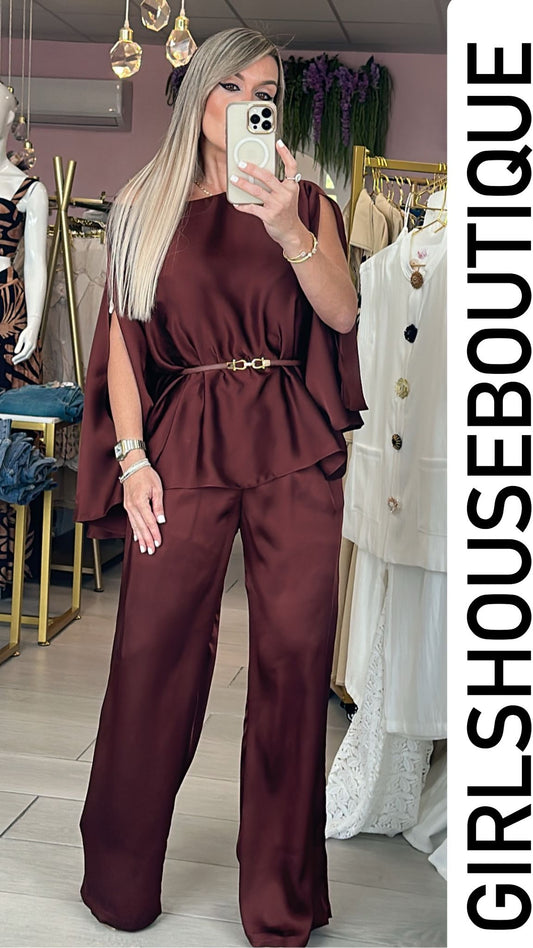 Sweet Dark Chocolate Satin Cape & Pant Set