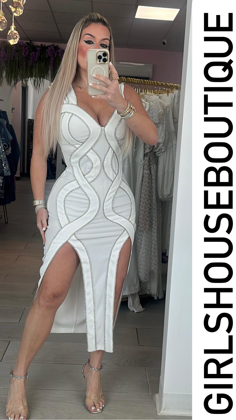 White V Neck Rhinestone Dress